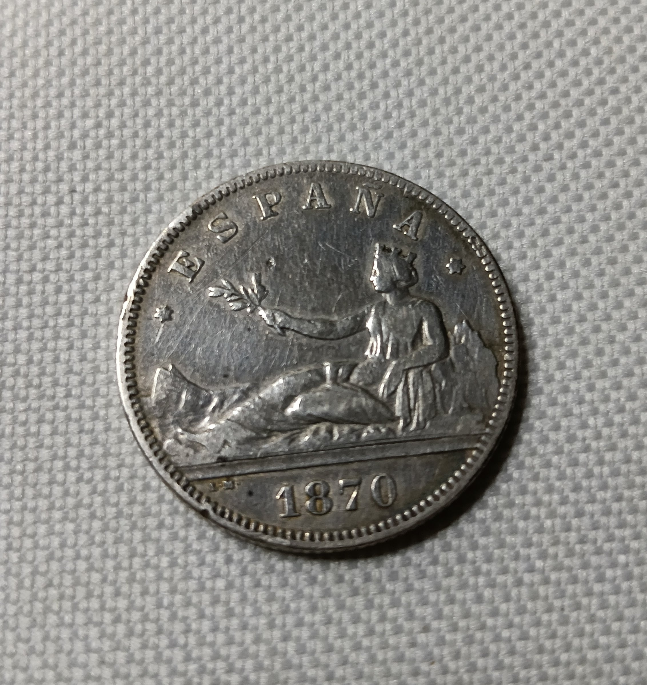 2 pesetas espagnoles 1870 variante 75 rare dans les étoiles en argent